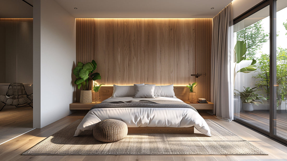 Cozy bohemian bedroom featuring woven wicker accents and natural materials