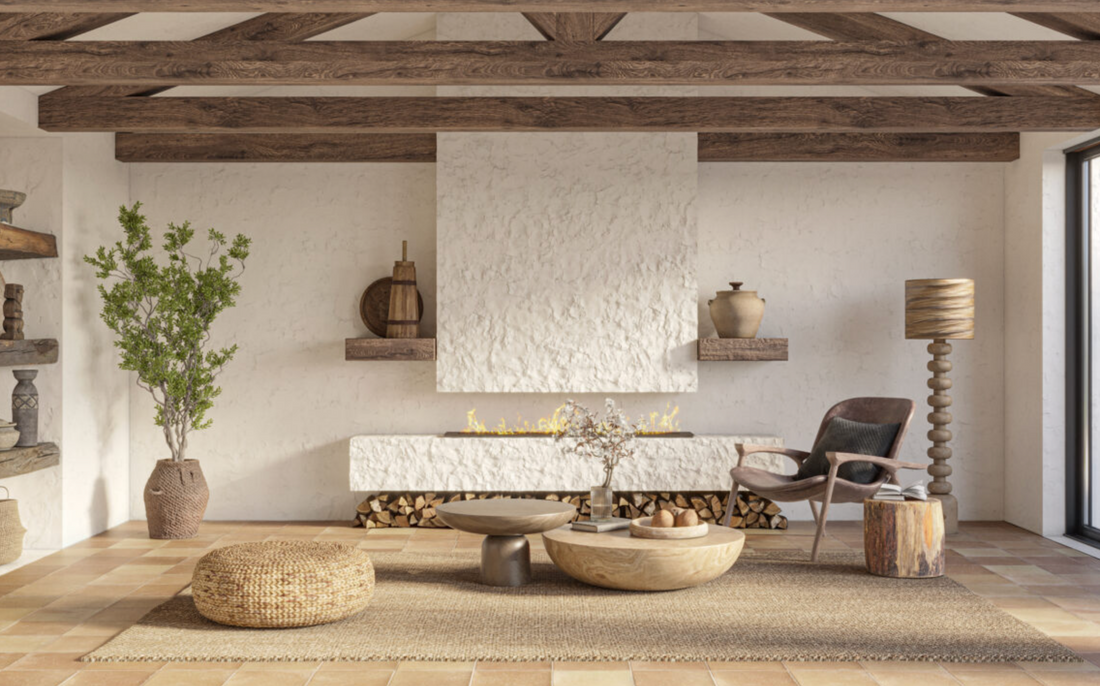 Wabi-Sabi living room featuring reclaimed wood furniture and stone decor elements