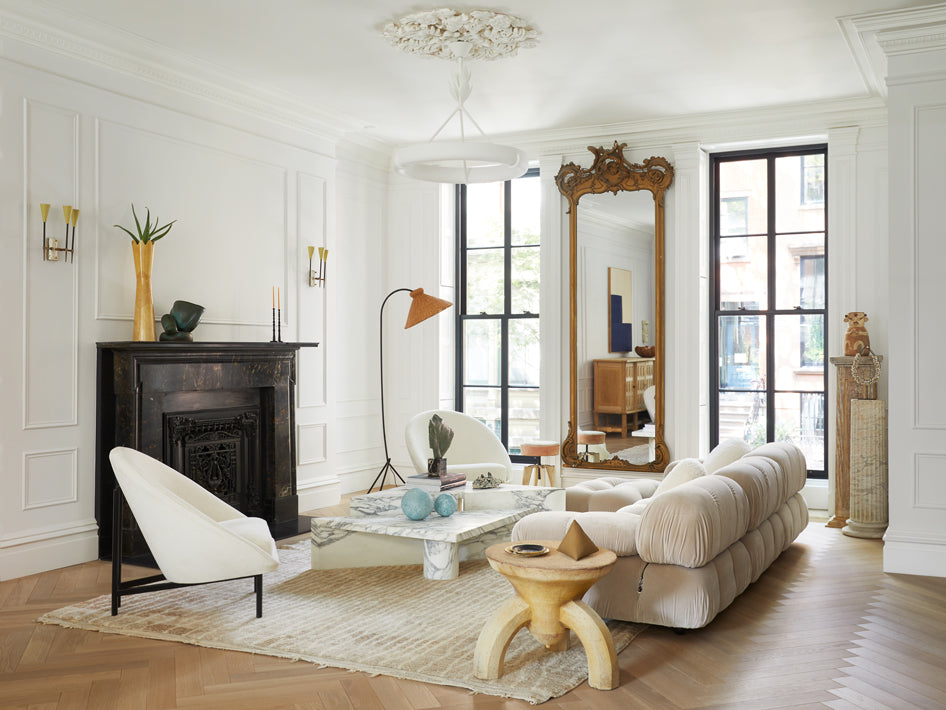 Wabi-Sabi living room featuring natural wood furniture, minimalist decor, and neutral tones.