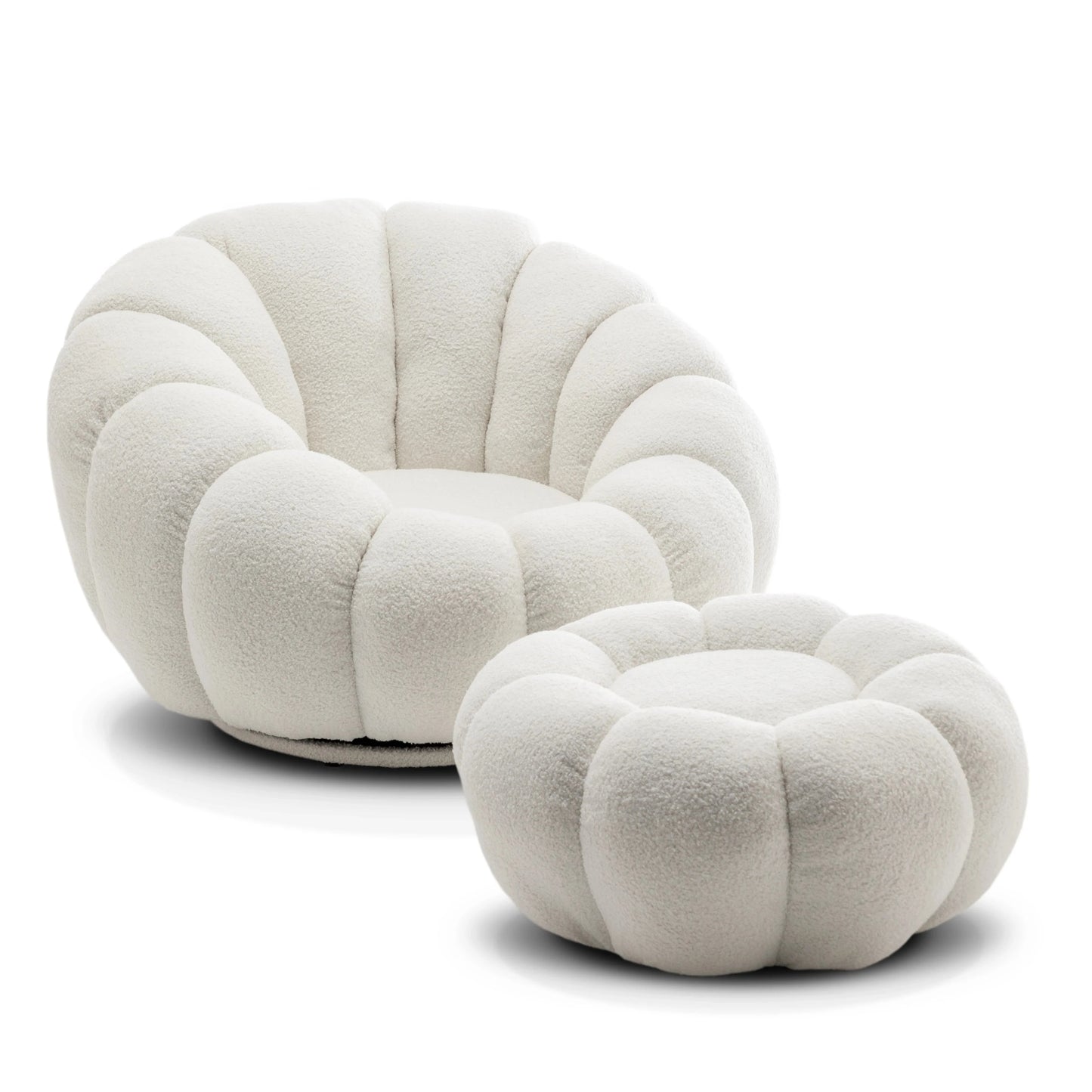 Homio Decor Living Room White Boucle Pumpkin Chair with Ottoman