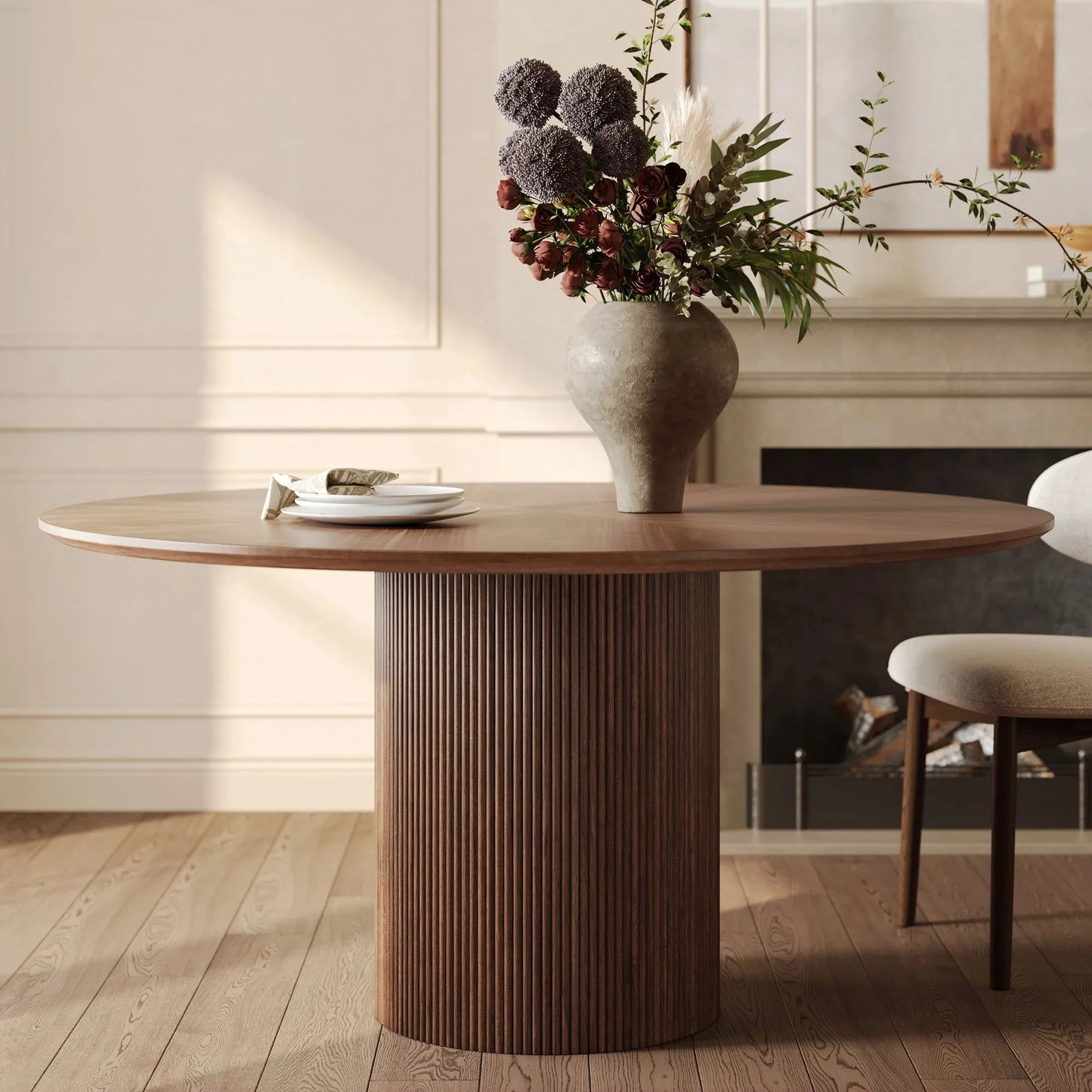 Homio Decor Ripple Design Round Dining Table - Walnut