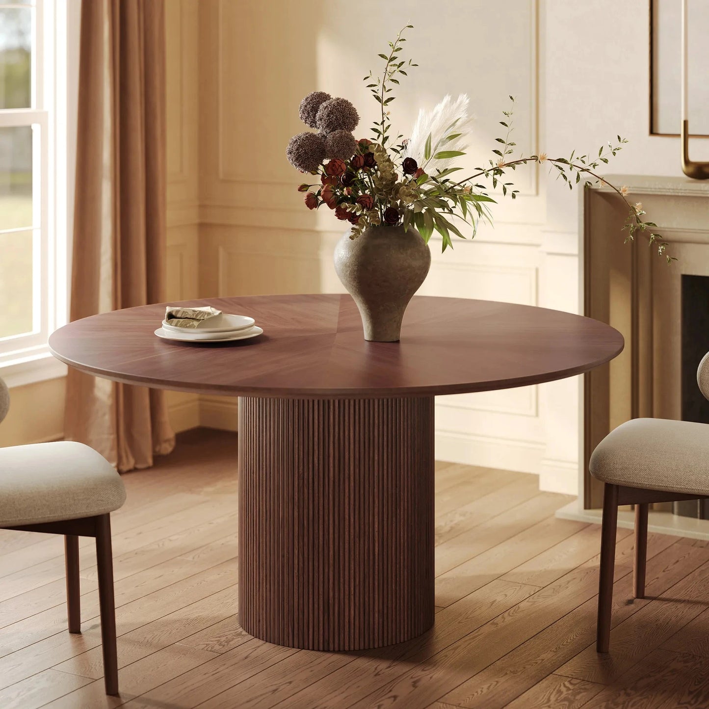 Homio Decor Ripple Design Round Dining Table - Walnut