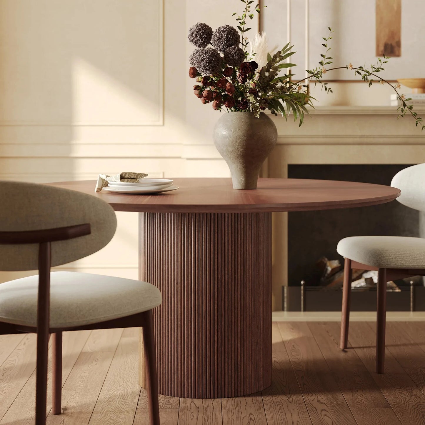 Homio Decor Ripple Design Round Dining Table - Walnut