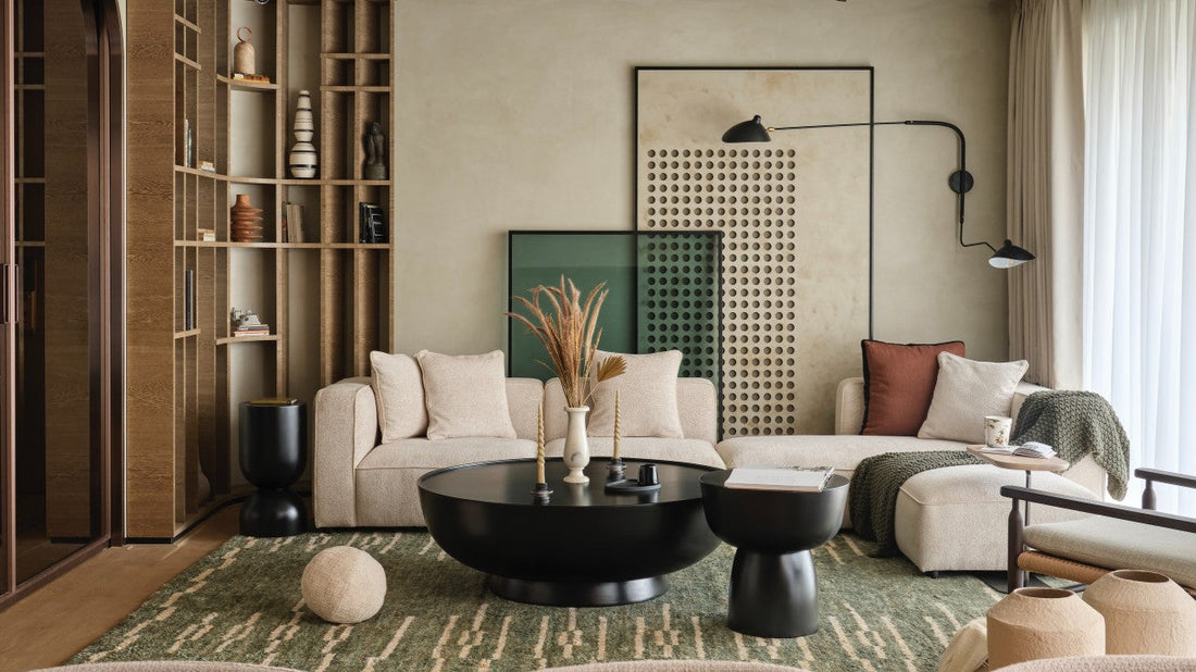 Wabi-Sabi oak round table showcasing natural wood grain and organic imperfections, embodying rustic elegance in Japandi interiors.