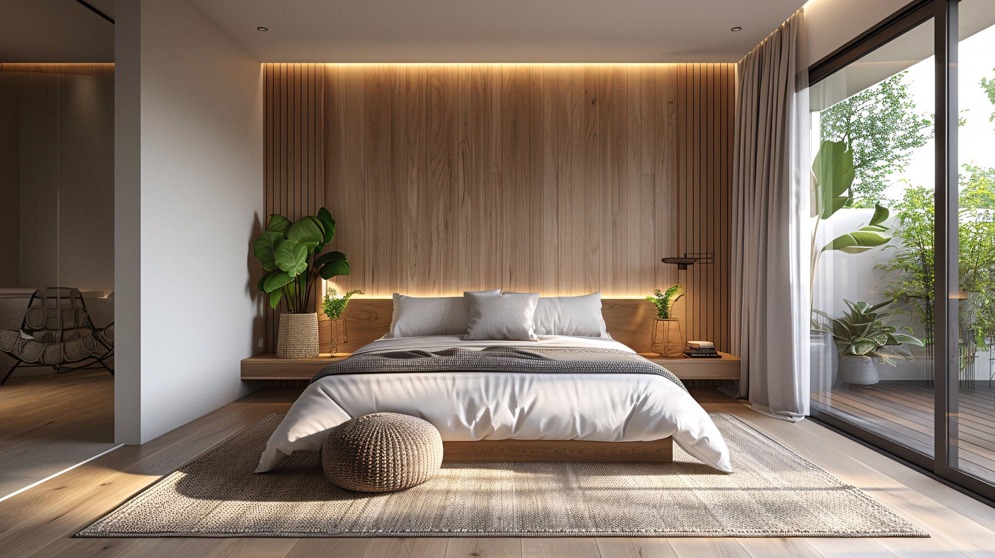 Cozy bohemian bedroom featuring woven wicker accents and natural materials