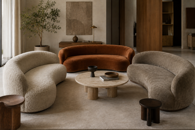 Curved sofas in different upholstery fabrics in a contemporary living room