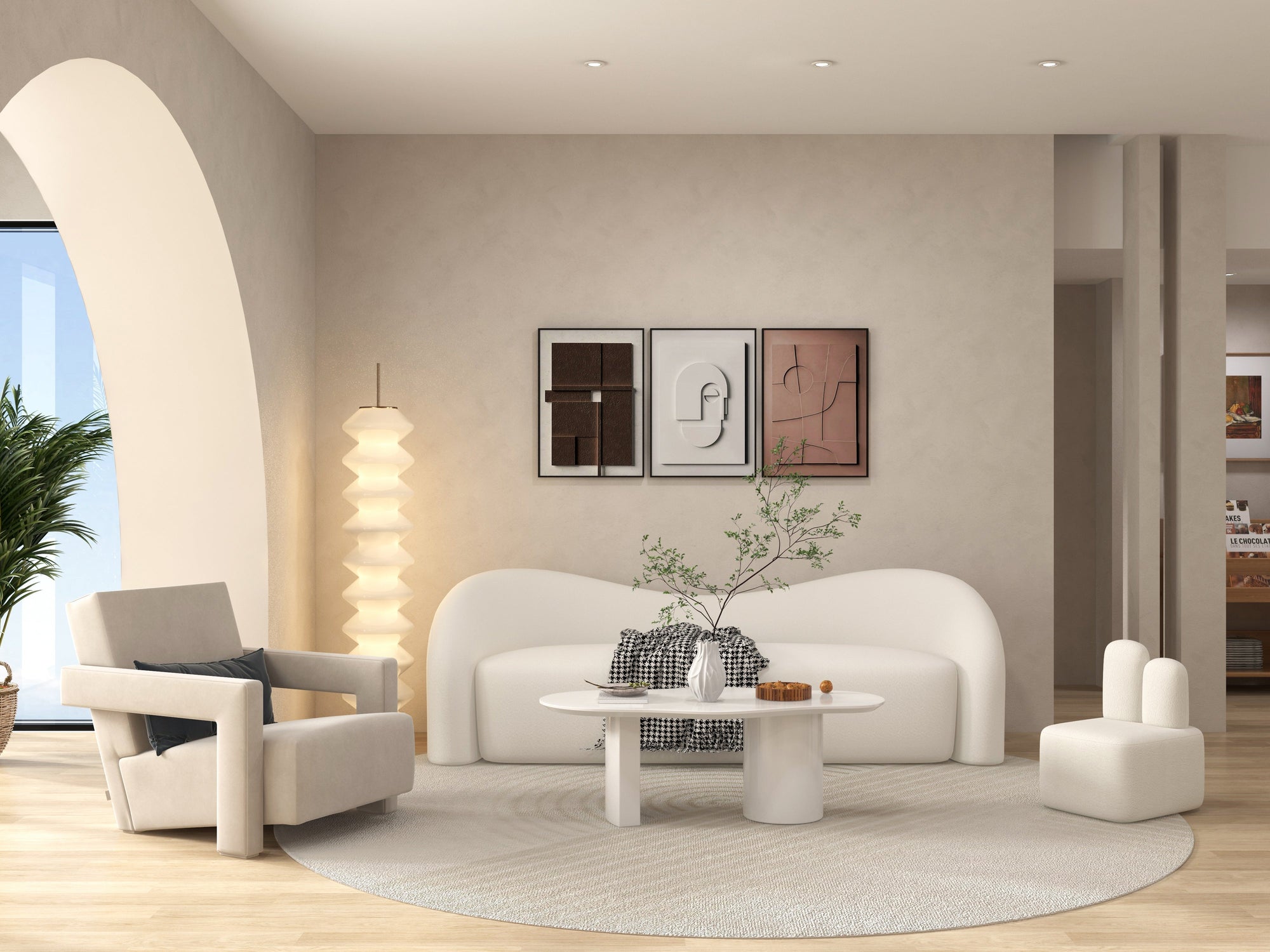 Bouclé armchair with soft texture paired with rustic wooden side table in Wabi-Sabi interior.