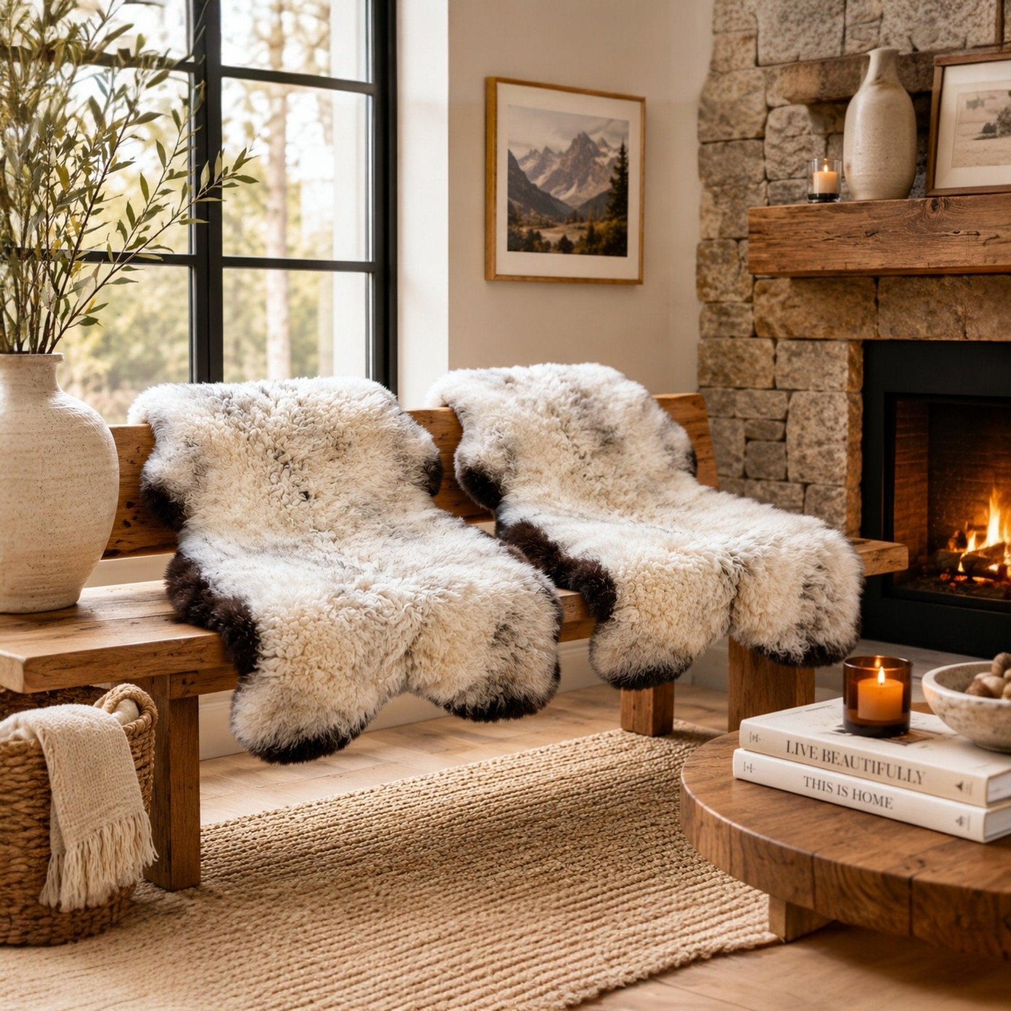 Cream Australian sheepskin throw draped over a modern bench