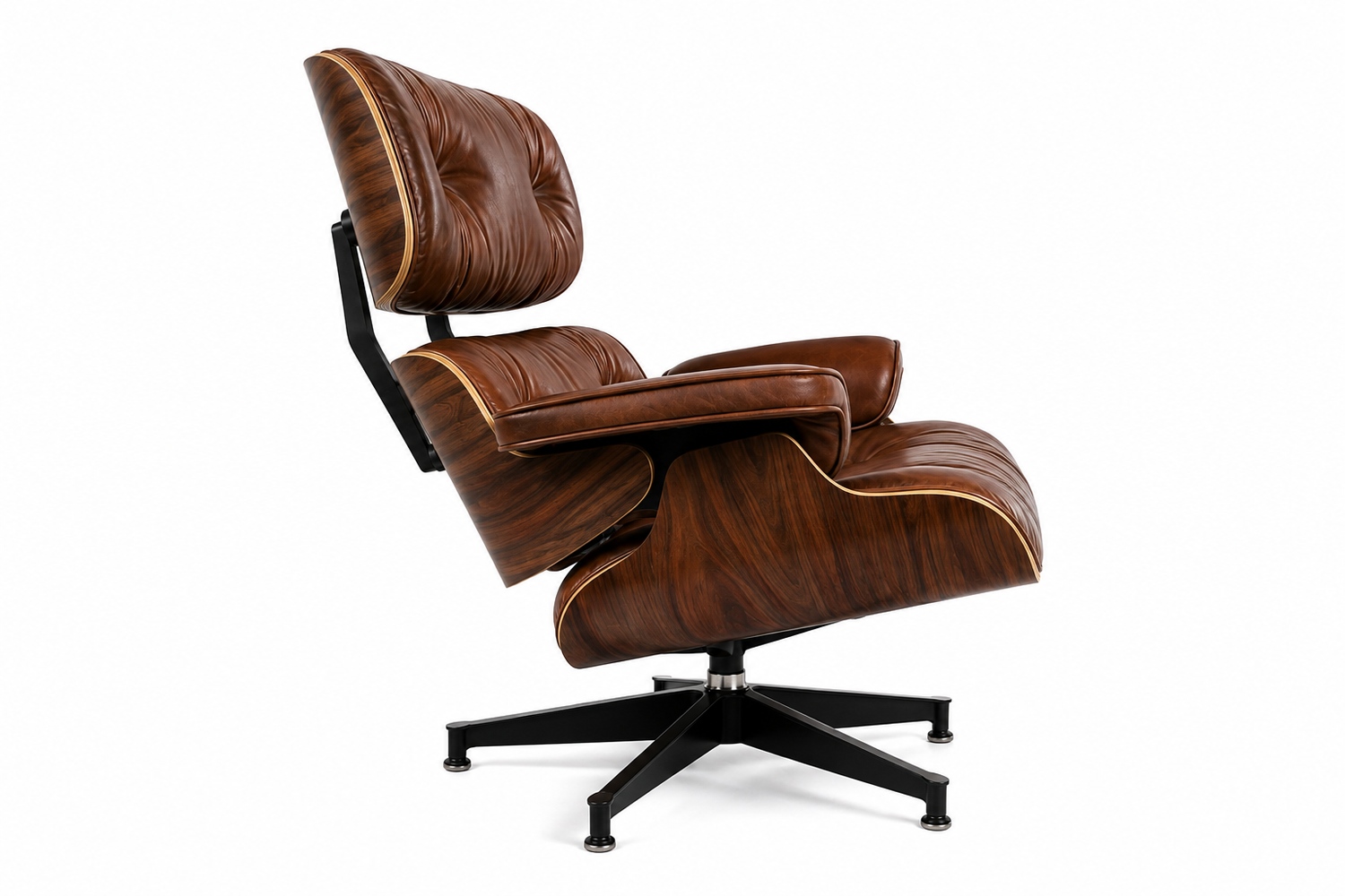 A mid-century modern Eames-style lounge chair with brown wood-look shell upholstery, tufted headrest and footrest, and a black five-star swivel base, photographed on a clean white background.