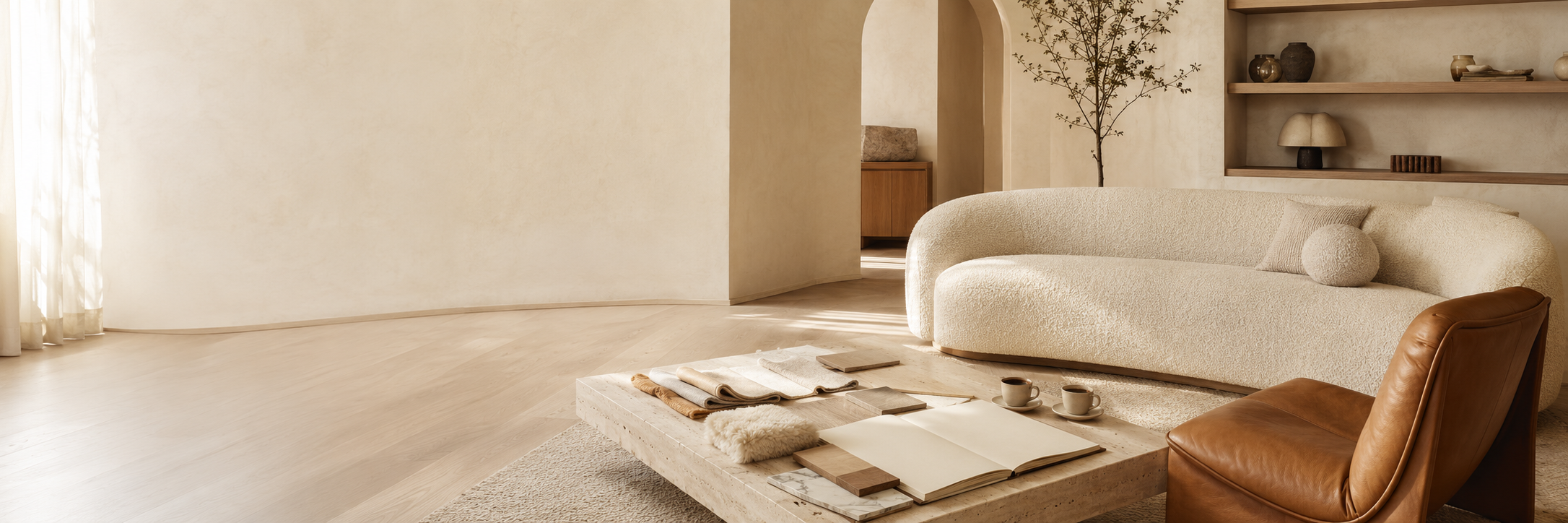 A modern, minimalist living room featuring a curved cream bouclé sofa, a low wooden coffee table with magazines, a brown leather armchair, and warm beige walls and flooring.