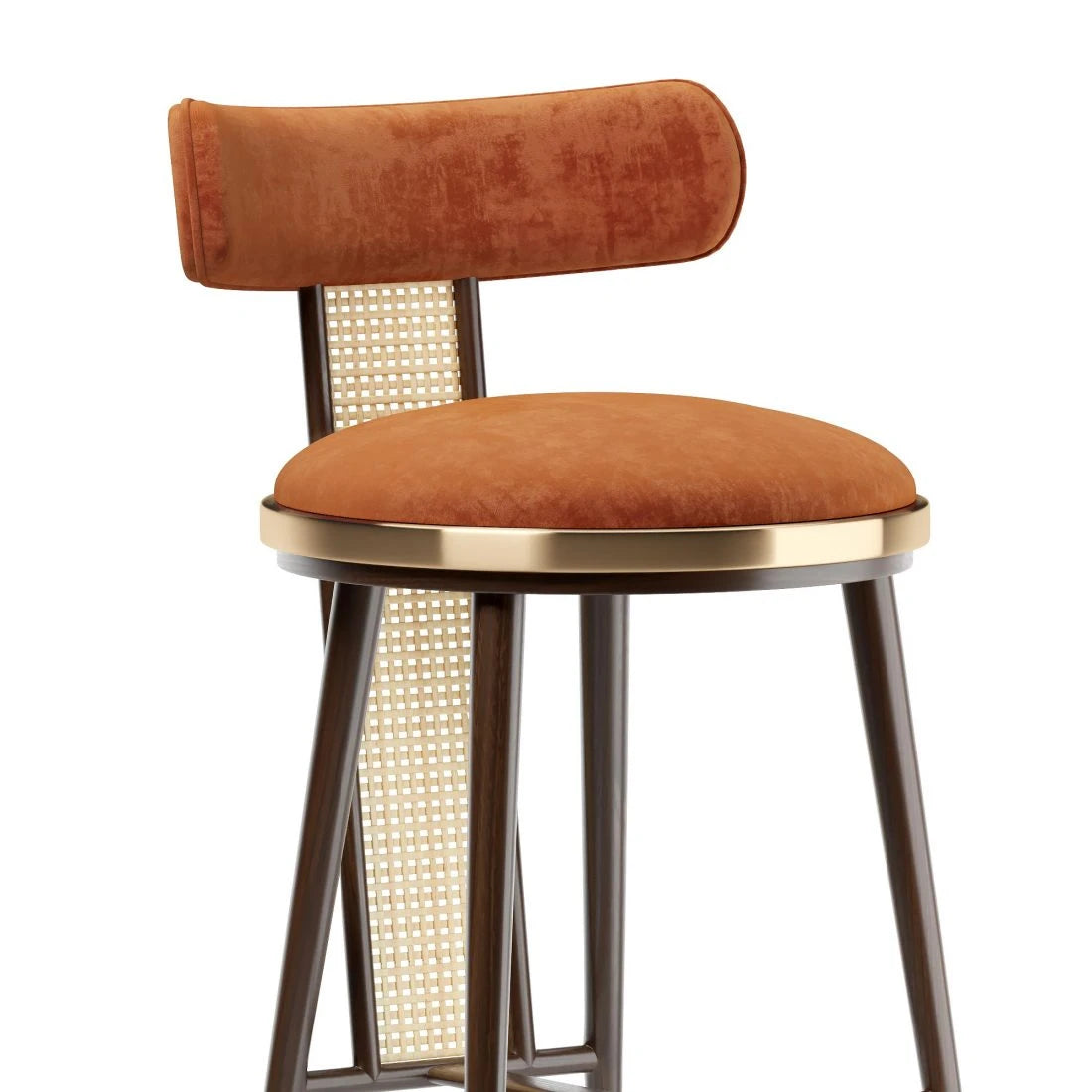 Brown cushioned bar stool with a metal frame on a white background