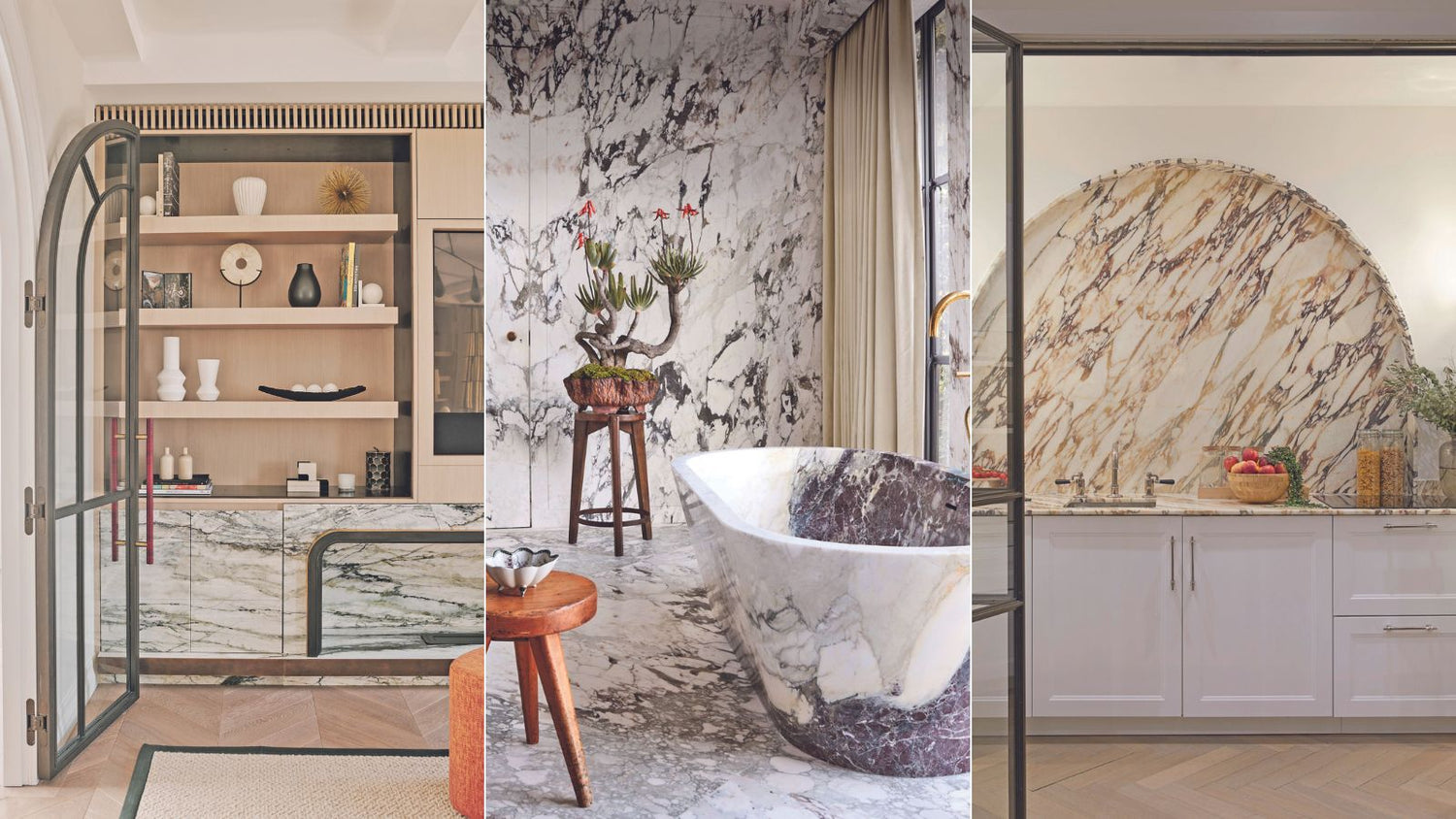 Collage of a modern kitchen, bathroom, and living room with marble finishes.