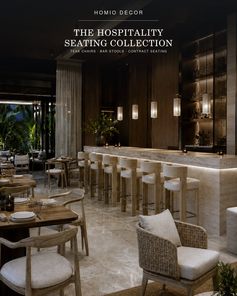 A luxury hospitality interior scene with wooden dining tables, bar stools, and wicker armchairs in a warm modern restaurant or lounge. 
