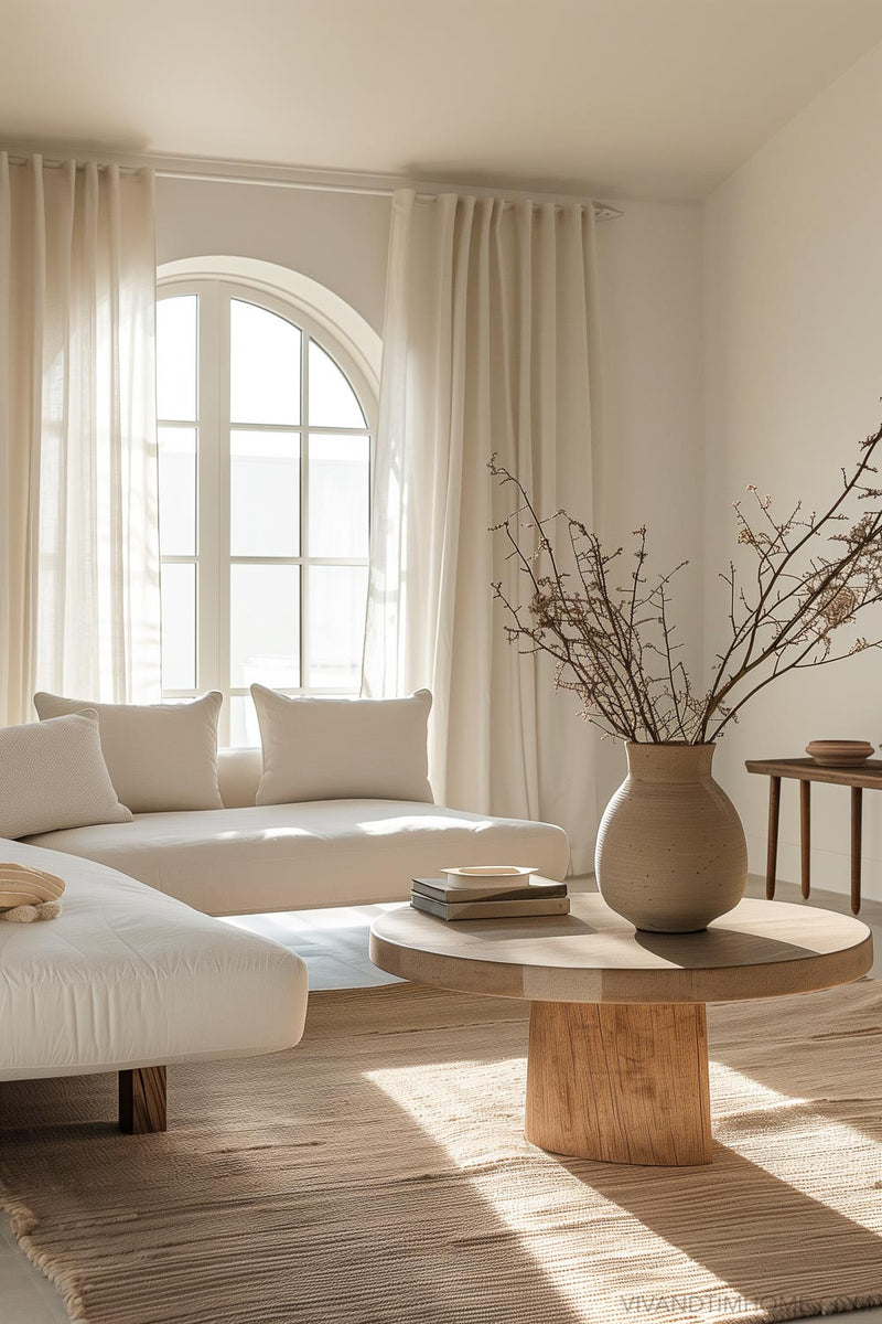 Japandi living room with sculptural furniture and natural textures