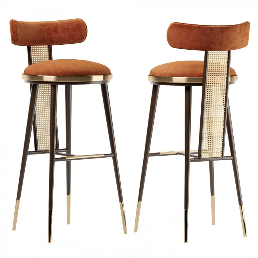 Two brown bar stools with wicker backrests on a white background