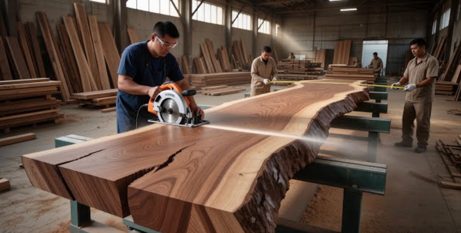 Woodworking scene with a person using a circular saw on a large wooden slab in a workshop.
