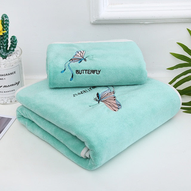 Homio Decor Bathroom Butterfly / Green Coral Fleece Towel Set