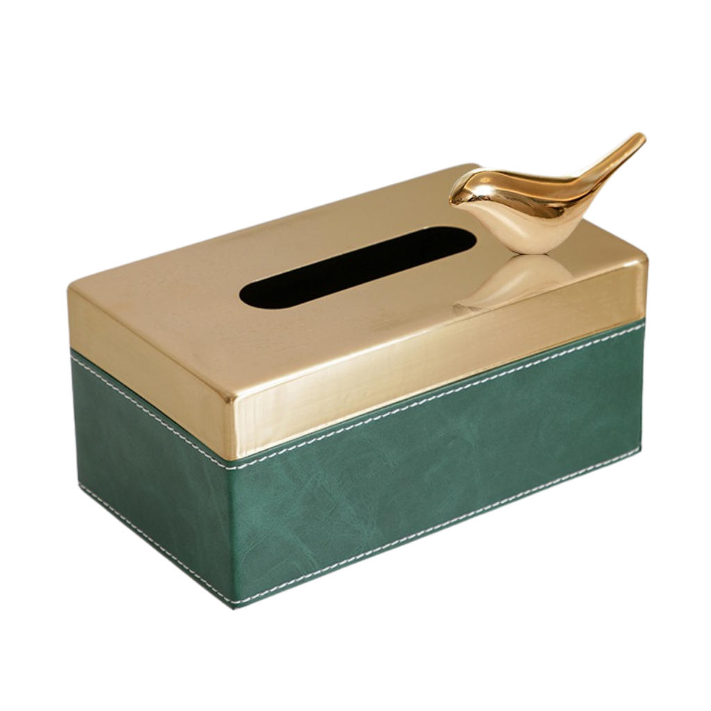 Homio Decor Bathroom Green / Gold Bird Tissue Box Metal Lid Tissue Box