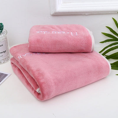 Homio Decor Bathroom Letter / Pink Coral Fleece Towel Set