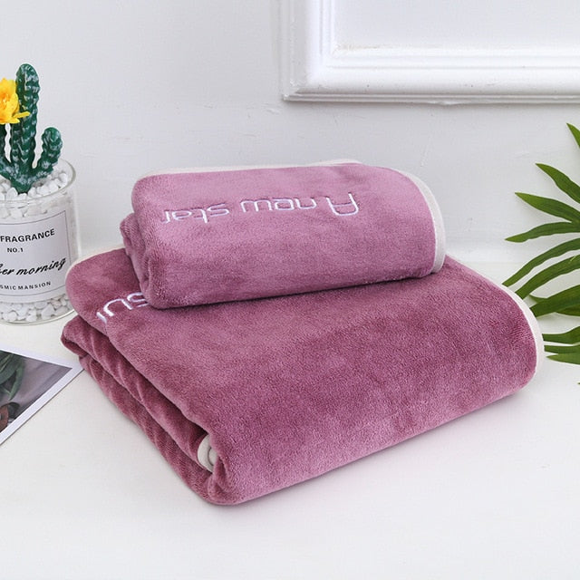 Homio Decor Bathroom Letter / Purple Coral Fleece Towel Set