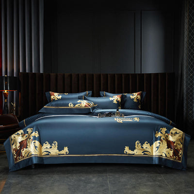Homio Decor Bedroom Deep Blue / Queen Luxury Golden Embroidered Bedding Set