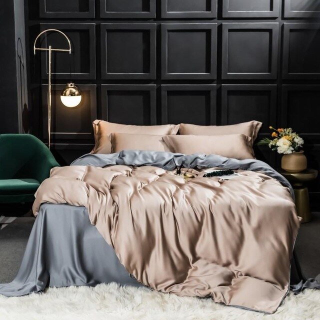 Homio Decor Bedroom King / Beige & Gray All Season Mulberry Silk Bedding Set