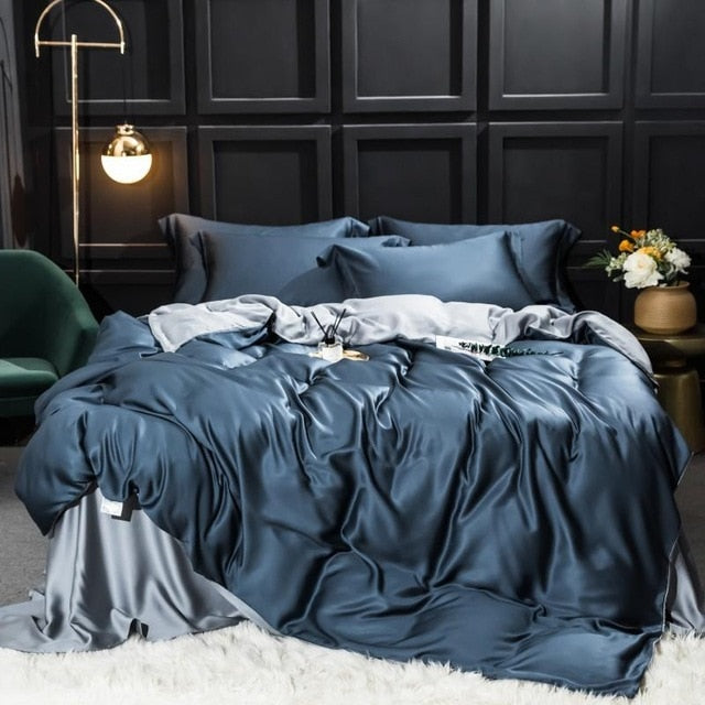Homio Decor Bedroom King / Dark Blue & Gray All Season Mulberry Silk Bedding Set