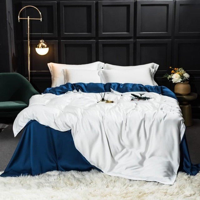 Homio Decor Bedroom Queen / White & Blue All Season Mulberry Silk Bedding Set