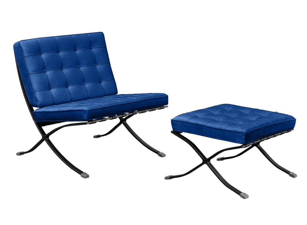 Homio Decor Blue / Chair & Ottoman / Black Coating Barcelona Chair - Velvet