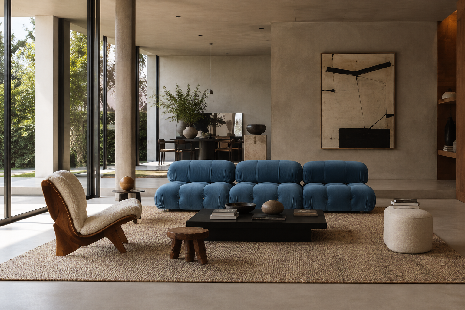 A modern living room featuring a distinctive blue tufted modular sofa, a mid-century wooden lounge chair with cream upholstery, a low black coffee table, and a large textured beige rug. The room has a minimalist concrete aesthetic with a large abstract painting on the wall.