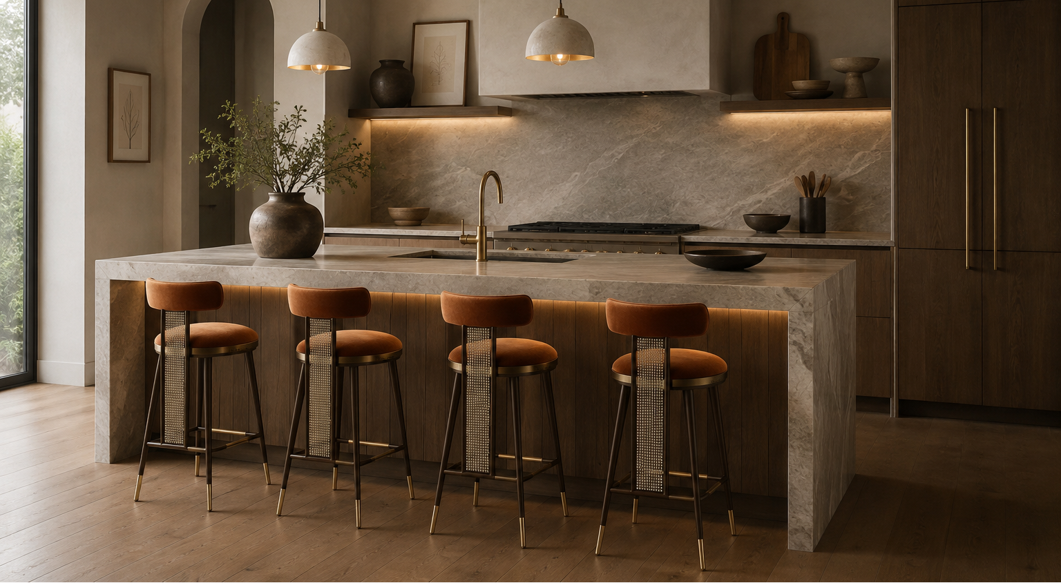 A modern kitchen island with a marble-look countertop and backsplash, surrounded by five bar stools with brown flannel seats and gold legs. The kitchen features warm wood cabinetry, recessed lighting, and pendant lights.