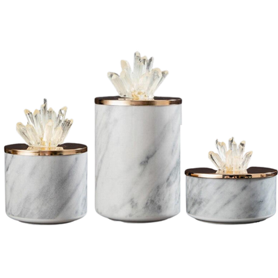 Homio Decor Dining Room Set of 3 Marble Storage Jars With Crystal Stone