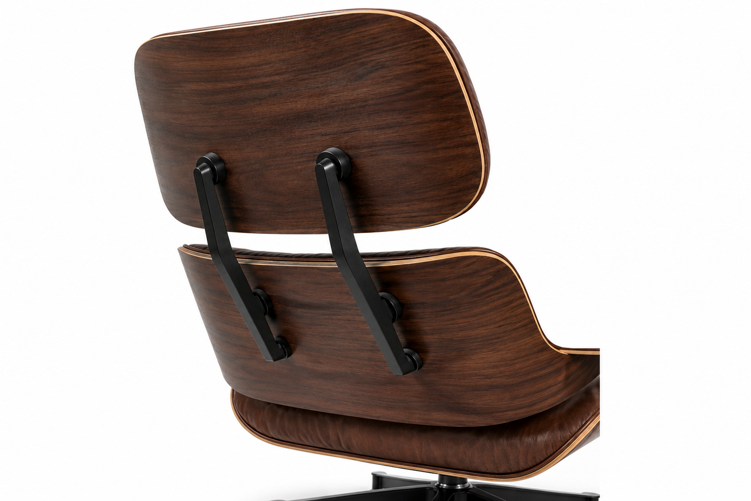 Close-up of the backrest of an Eames-style lounge chair with dark brown wood veneer and black metal support arms, shown on a white background.