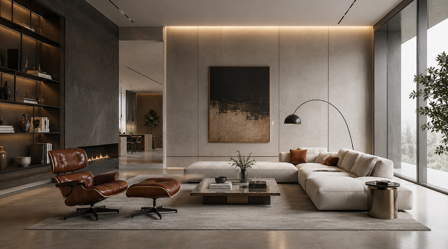 A modern living room interior featuring a cream sectional sofa, a brown leather lounge chair with an ottoman, a low wooden coffee table, and a large abstract wall art piece on a light gray wall. The room has a minimalist, high-end aesthetic with concrete floors, recessed lighting, and large windows.