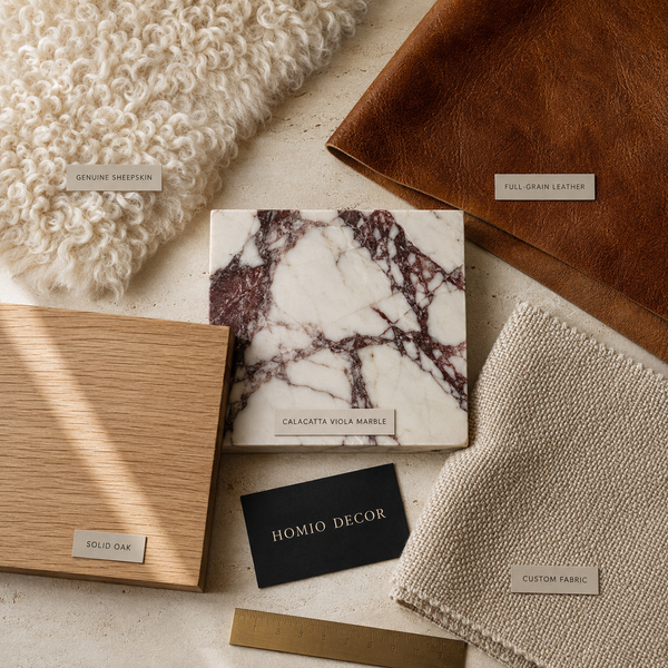 Homio Decor material swatches including sheepskin, leather, wood, marble and custom upholstery fabrics.