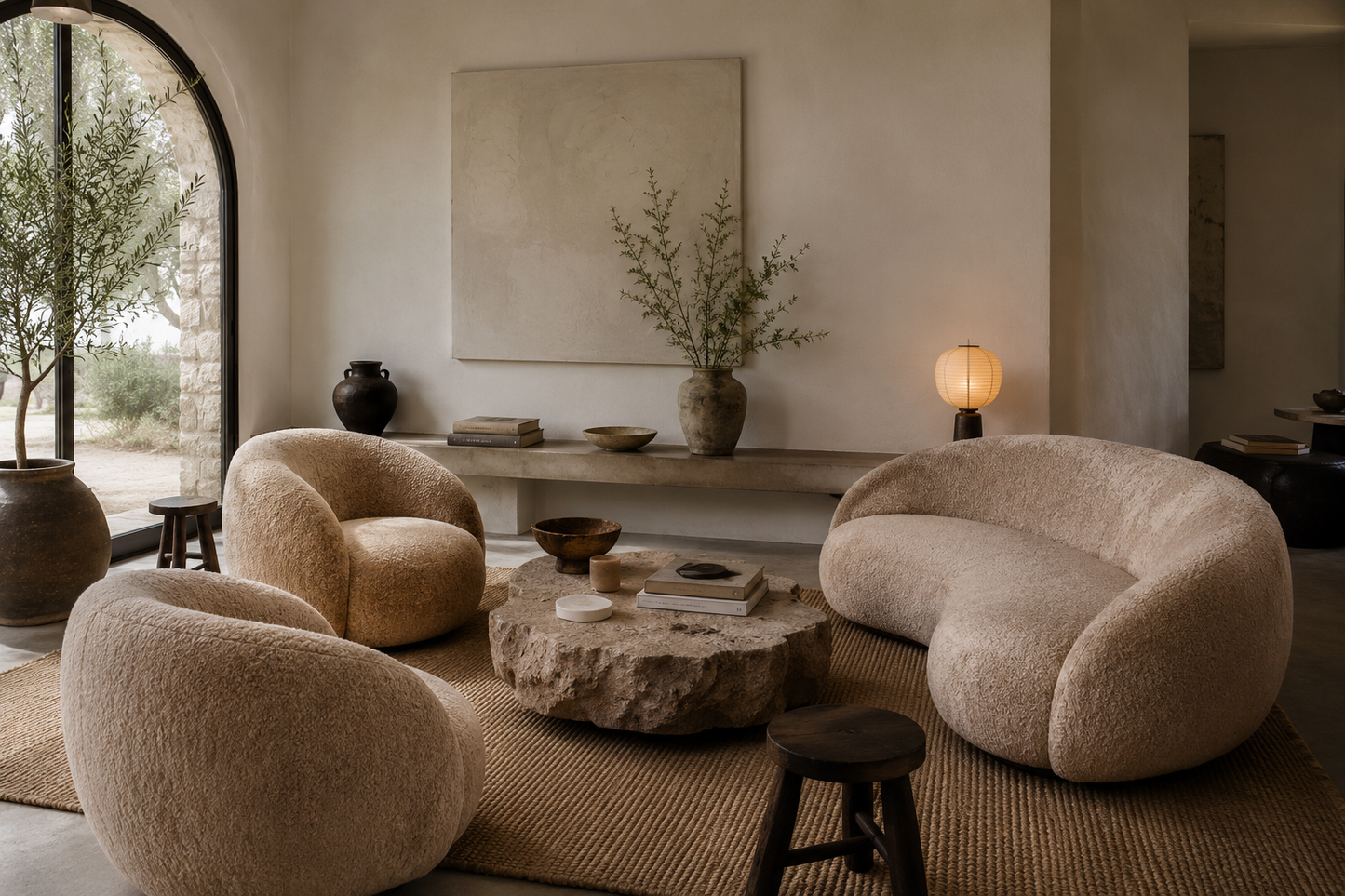 A styled interior scene with three rounded upholstered seating pieces in warm beige tones arranged around a stone coffee table on a woven rug in a softly lit room.