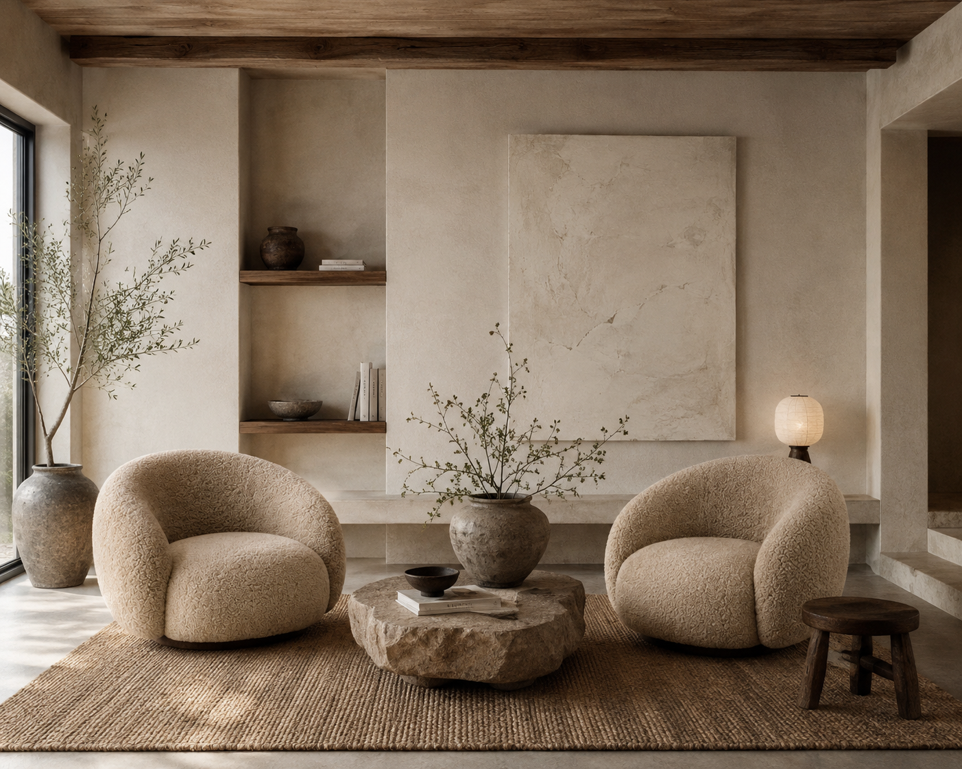 A styled interior scene with two rounded sheepskin armchairs facing a stone coffee table, set in a warm neutral room with a large canvas print, built-in shelves, a vase with branches, and a small stool.