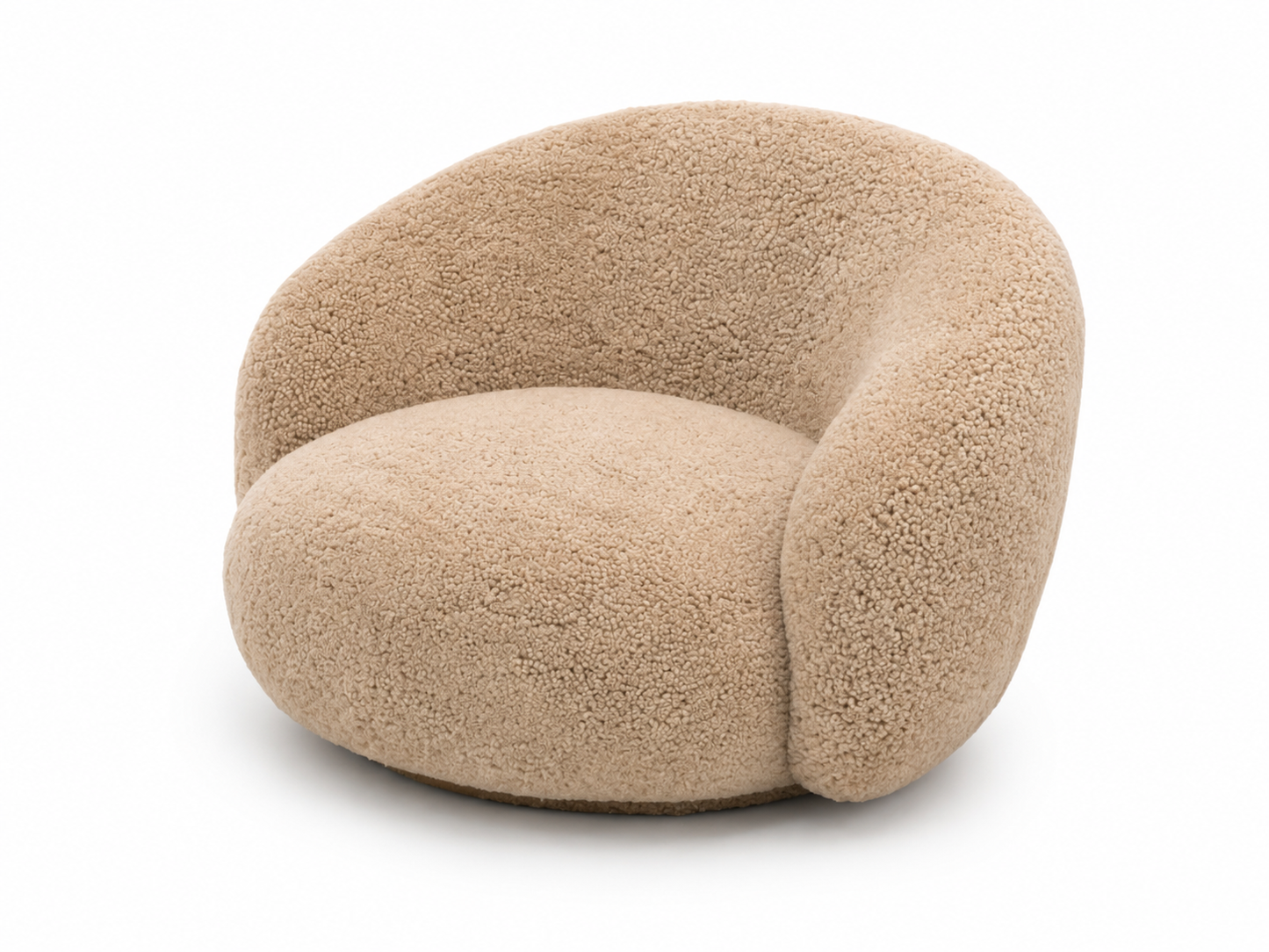 A modern, low-profile barrel chair upholstered in a genuine sheepskin or sherpa fabric in a warm beige/tan color, shown against a plain white background.