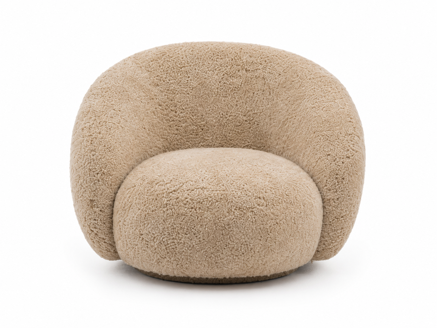 A modern, rounded lounge chair upholstered in genuine shearling fabric in a light beige color, shown against a plain white background.