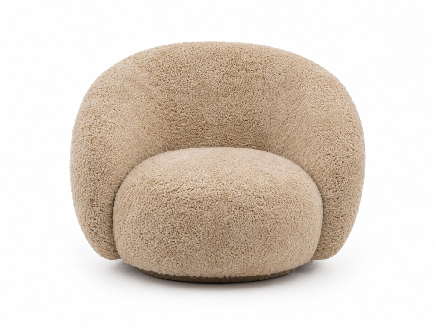 A modern, rounded lounge chair upholstered in genuine shearling fabric in a light beige color, shown against a plain white background.