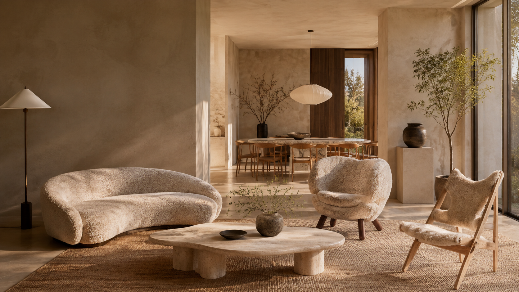 Wabi-Sabi interior with custom-made sheepskin furniture and natural materials