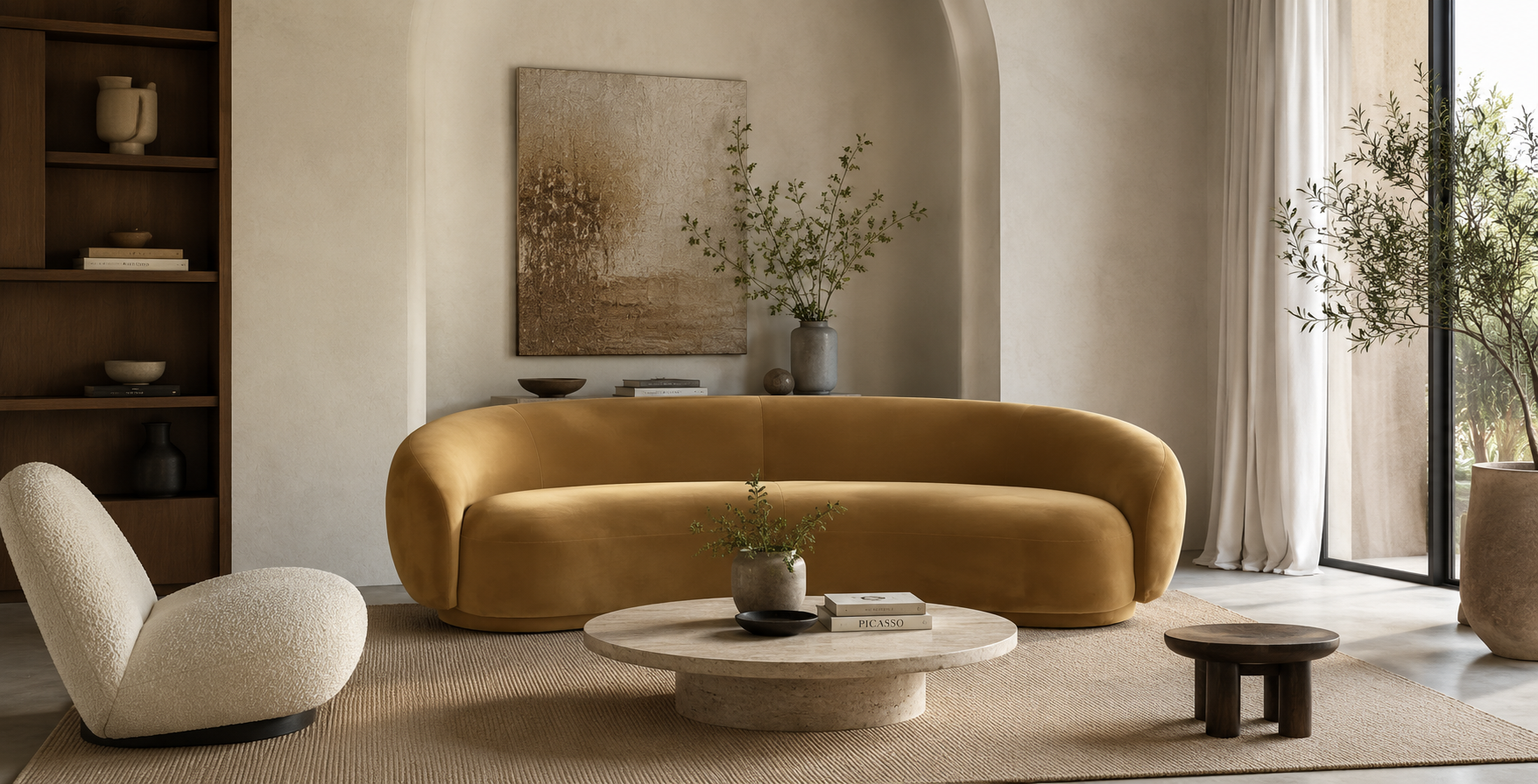 curved mustard yellow sofa, styled with a round stone coffee table, a textured cream armchair, and neutral decor against a warm beige wall.