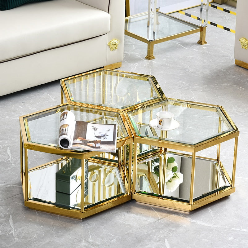 Homio Decor Living Room 3pcs Set Luxury Golden Glass Top Coffee Table