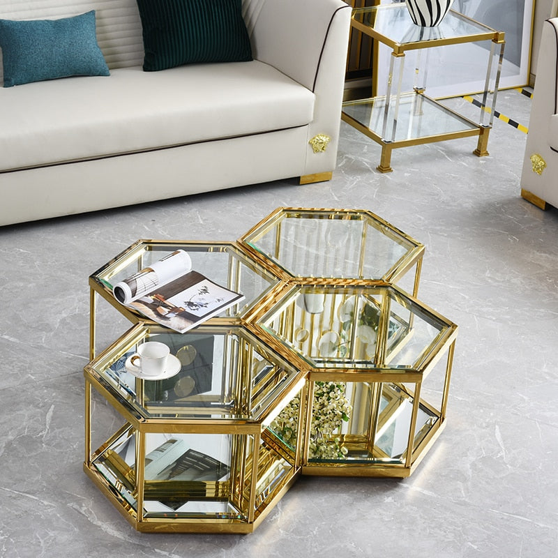 Homio Decor Living Room 4pcs Set Luxury Golden Glass Top Coffee Table