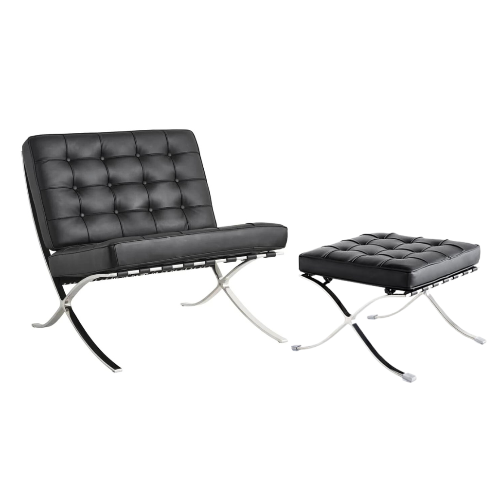 Homio Decor Living Room Chair & Ottoman Barcelona Chair - Leather (Black)