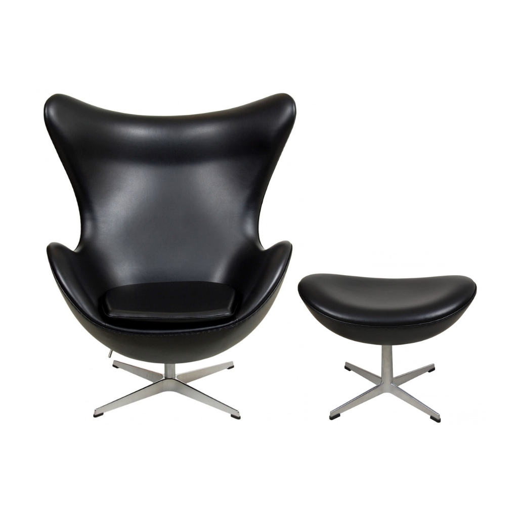 Homio Decor Living Room Chair with Ottoman Egg Chair - Black Aniline Leather