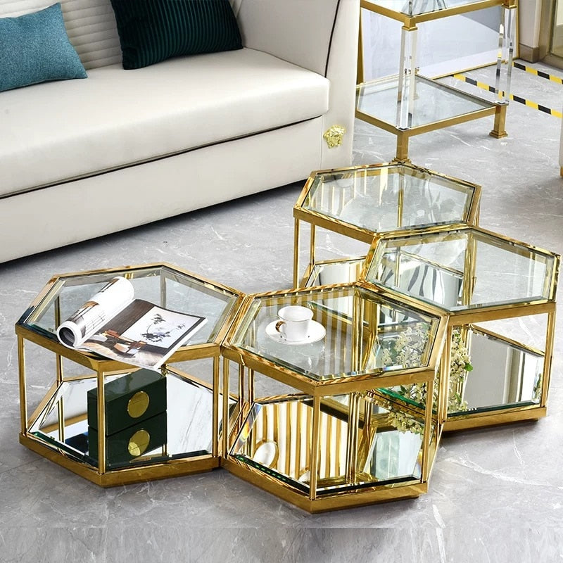 Homio Decor Living Room Luxury Golden Glass Top Coffee Table