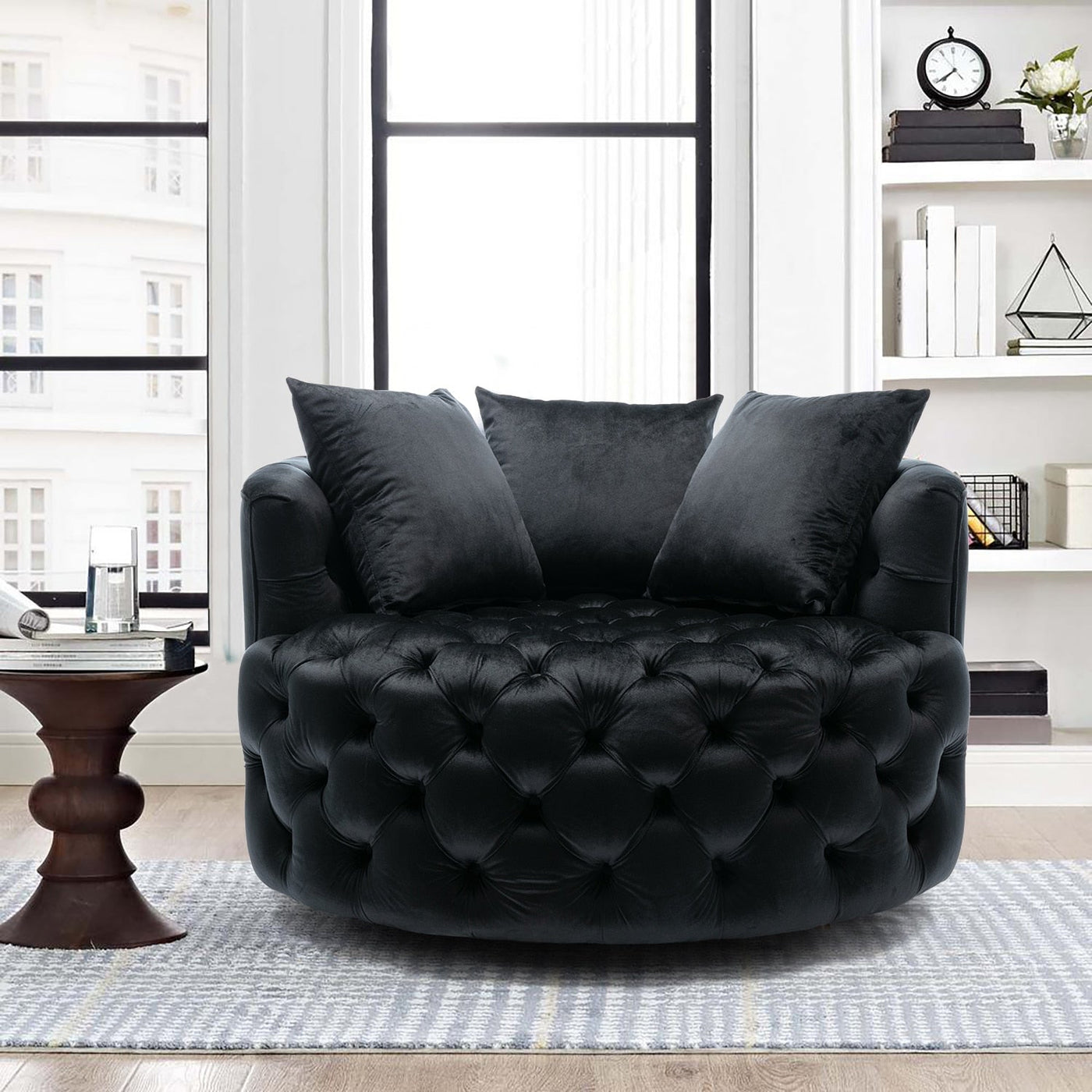 Homio Decor Living Room Velvet / Black Luxury Button Tufted Round Leisure Chair