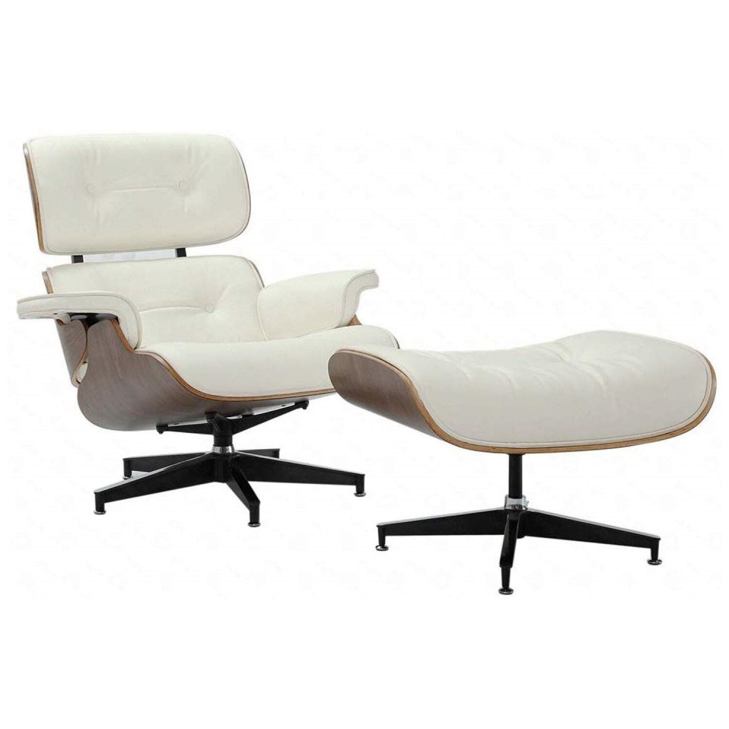 Homio Decor Living Room White Walnut Wood Classic Leather Lounge Chair with Ottoman