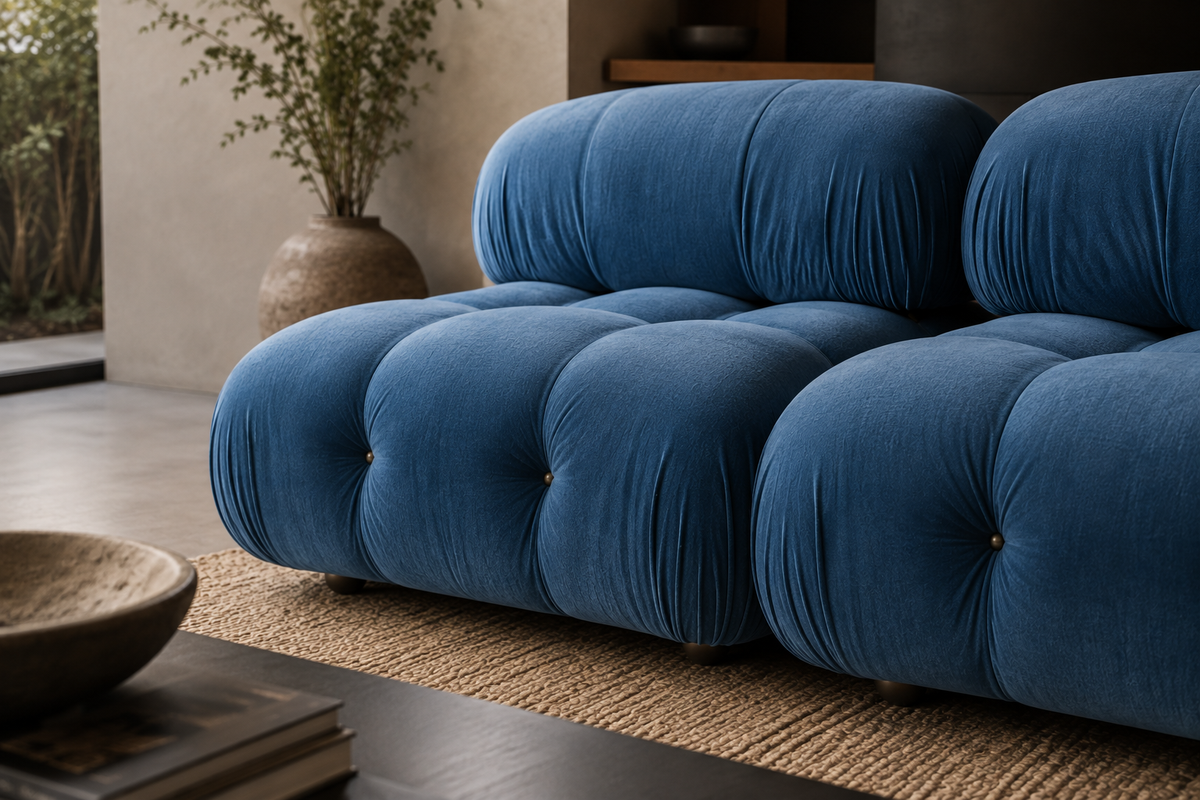 low profile close up shot of velvet blue sofa tufted design